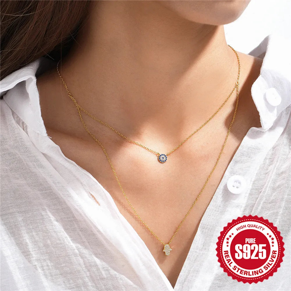 Double Chain Evil Eye - Palm Clavicle Necklace