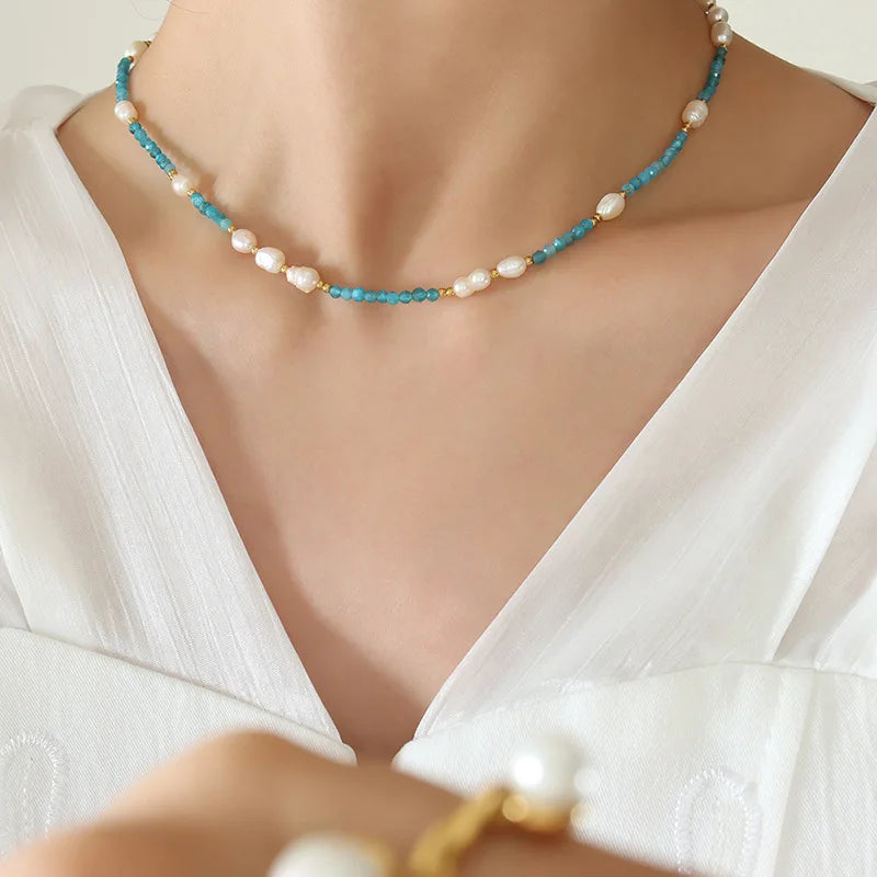 Natural Blue Stone With Fresh water Pearls